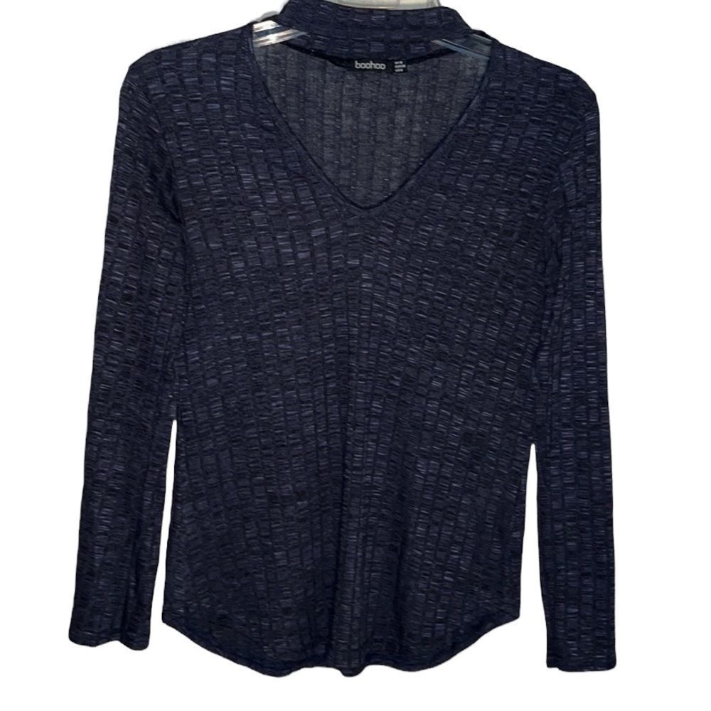Boohoo Women’s Charcoal Grey Knit Long Sleeve V Neck Top Ribbed With Neck Collar - Picture 1 of 6